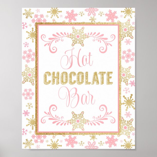 Hot Chocolate Bar Poster- Pink Gold Snowflakes Poster (Front)