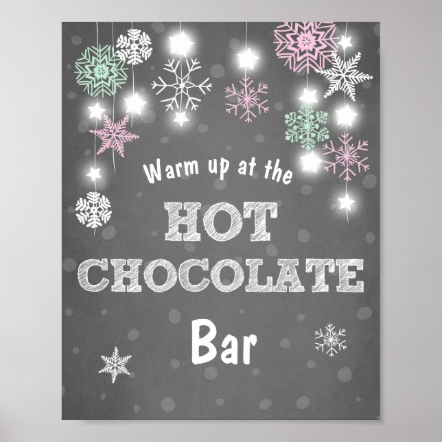 Hot Chocolate Bar Sign Pink snowflakes Rustic (Front)