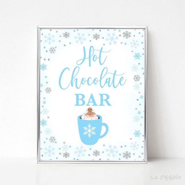Hot Chocolate Bar Winter Blue Snowflakes Sign (Hot Chocolate Bar Sign, Winter Blue & Silver Glitter Snowflakes Theme)