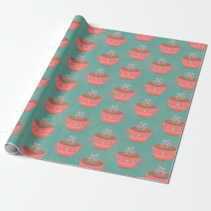 Hot chocolate Christmas cups on green Wrapping Paper