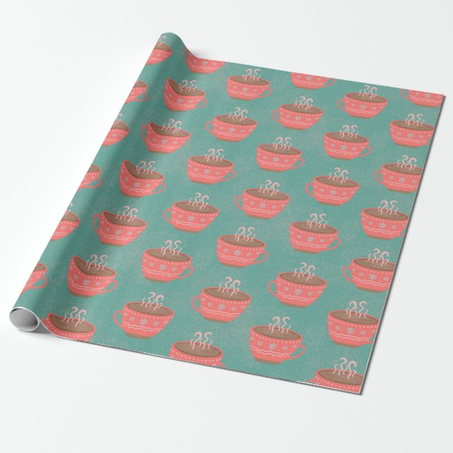 Hot chocolate Christmas cups on green Wrapping Paper (Unrolled)