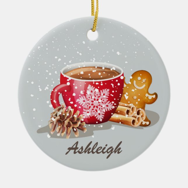 Hot Chocolate Gingerbread Christmas Personalised Ceramic Ornament (Front)