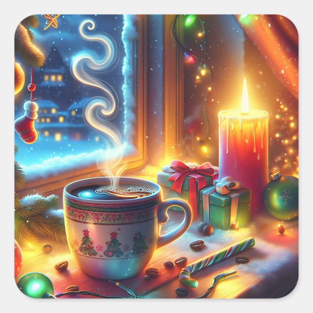 Hot Chocolate in a Christmas Window   Square Sticker (Front)