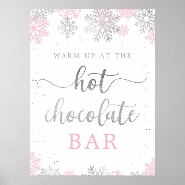 Hot Chocolate Pink Silver Winter Snowflakes Poster (Front)