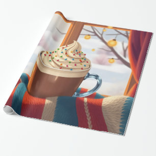 hot chocolate topped with whipped cream and sprink wrapping paper