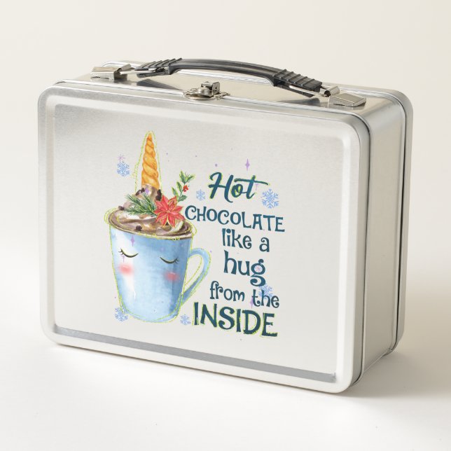 Hot Chocolate Unicorn | Cozy Unicorn Winter Metal Lunch Box (Front)