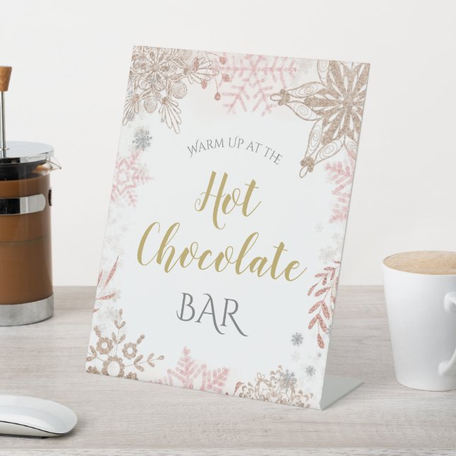 Hot Chocolate Winter Wonderland Pink Gold Pedestal Sign (In SItu)