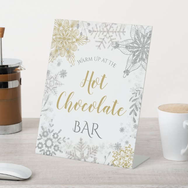 Hot Chocolate Winter Wonderland Silver Gold Pedestal Sign (In SItu)