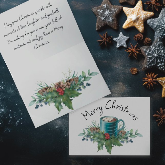 Hot Chocolate with Holly and Winter Greenery  Holiday Card (Creator Uploaded)