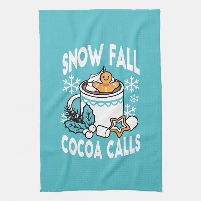 Hot Cocoa and Winter Charm - Snow Fall Cocoa Calls Tea Towel (Vertical)
