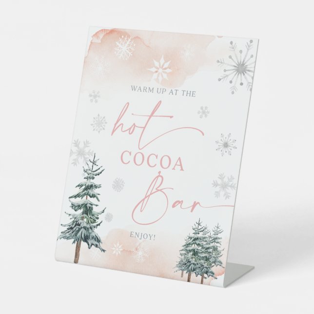 Hot Cocoa Bar sign, blush winter wonderland Pedestal Sign (Front)