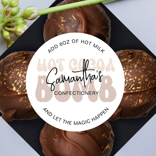 Hot Cocoa Bomb Instructions Trendy Beige Retro Classic Round Sticker (Ho chocolate bomb stickers in a trendy beige and white design featuring retro fonts)