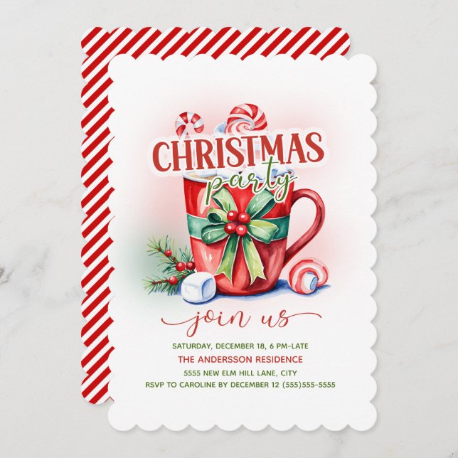 Hot Cocoa Candy Cane Christmas Party Invitation (Front/Back)