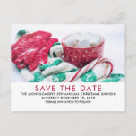 Hot Cocoa & Candy Cane | Xmas Save the Date Postcard<br><div class="desc">Save the date christmas party postcard with a warm comforting Christmas photo. A hot mug of cocoa with marshmallows, a striped candy cane, a green and white striped scarf and red gloves covered in snow. Ahhh, a warm drink after coming in from the cold really hits the spot. A festive...</div>