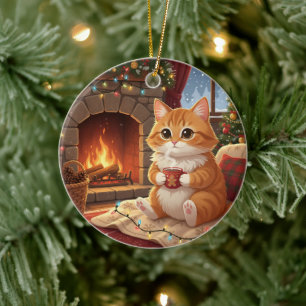 Hot Cocoa Cat Cosy Winter Cat by the Fireplace Ceramic Ornament