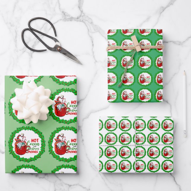 Hot Cocoa Christmas Movies Gnome Gift Wrap Set (Front)