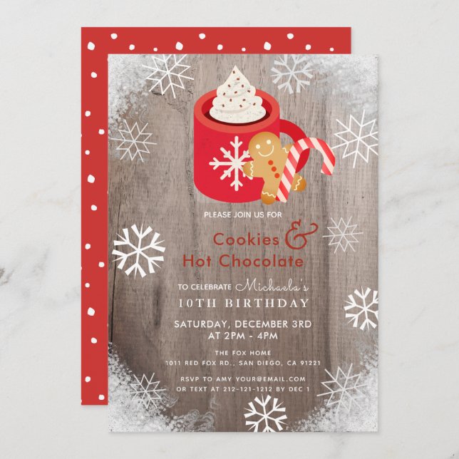 Hot Cocoa & Cookies Red Birthday Invitation (Front/Back)