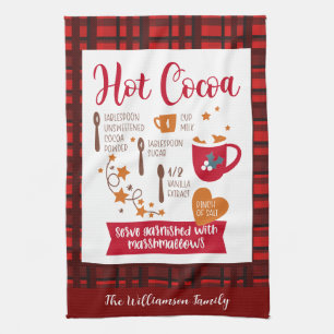 Hot Cocoa Recipe Festive Red Plaid Custom Tea Towel