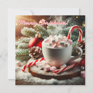 Hot Coffee cup with marshmallows- red candy cane Holiday Card