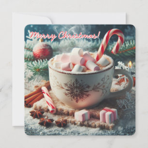 Hot Coffee cup with marshmallows- red candy cane Holiday Card