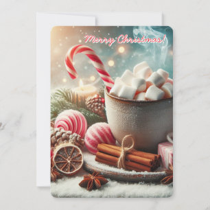 Hot Coffee cup with marshmallows- red candy cane Holiday Card