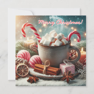 Hot Coffee cup with marshmallows- red candy cane Holiday Card