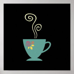 Hot coffee mug, retro floral porcelain tea cup poster