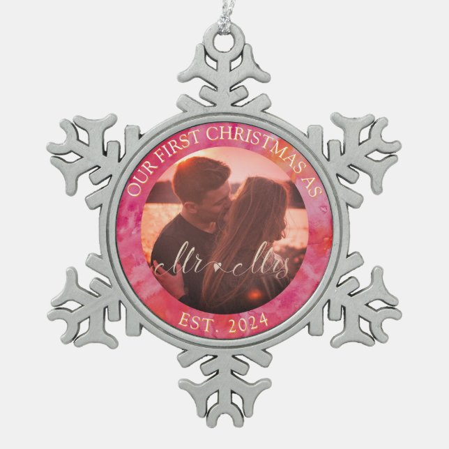 Hot Colour First Christmas Mr and Mrs Snowflake Pewter Christmas Ornament (Front)