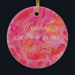 Hot Colour Romantic Wedding Ceramic Ornament<br><div class="desc">Hot Pink, Orange, and Golden Yellow swirl in this romantic yet modern look. The single stem of golden yellow acacia adorns the lower corner and centre back. Bright colour paints in an abstract swirl. Orange chosen for a frame border on the custom photo area of the reverse, but you may...</div>