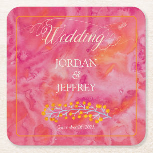 Hot Colour Romantic Wedding Square Paper Coaster