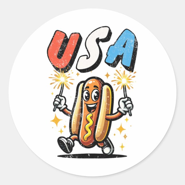 Hot Dog 4th Of July Fireworks Independence Day Ret Classic Round Sticker (Front)