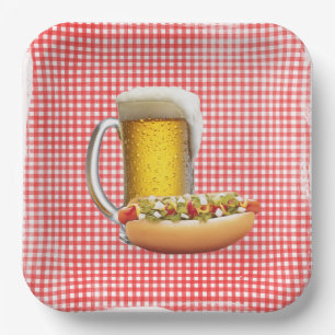 Hot Dog and Beer On Gingham Paper Plate