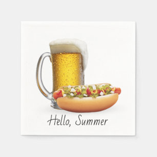 Hot Dog and Beer On White Napkin
