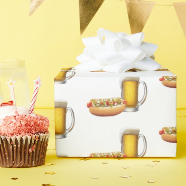 Hot Dog and Beer On White Wrapping Paper (Birthday Party)