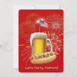 Hot Dog and Beer With Fireworks and Flag Invitation