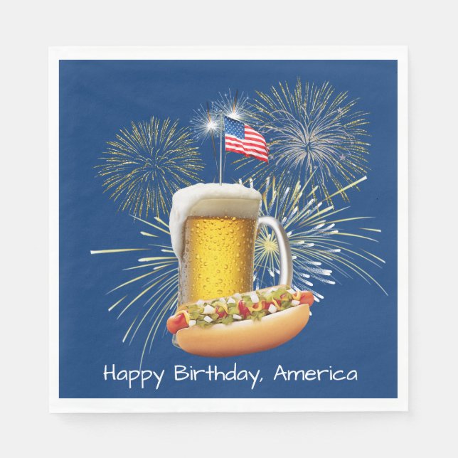Hot Dog and Beer With Fireworks and Flag Napkin (Front)