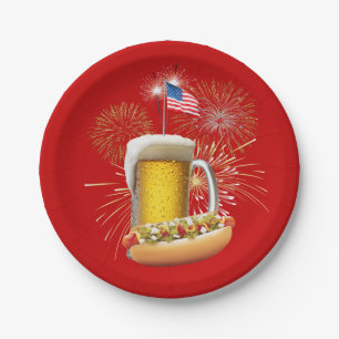 Hot Dog and Beer With Fireworks and Flag Paper Plate