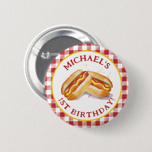 Hot Dog Birthday Party Button – Red Gingham Kids C
