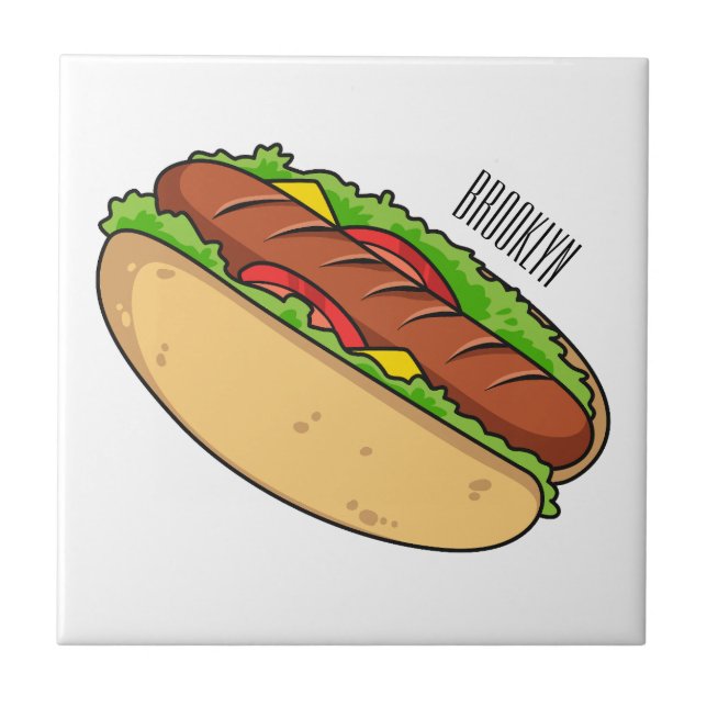 Hot dog cartoon illustration ceramic tile (Front)
