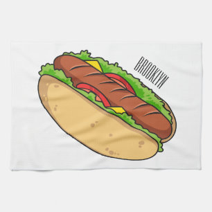 Hot dog cartoon illustration tea towel