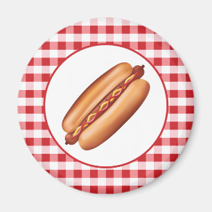 Hot Dog Fast Food Illustration On Red Gingham Magnet