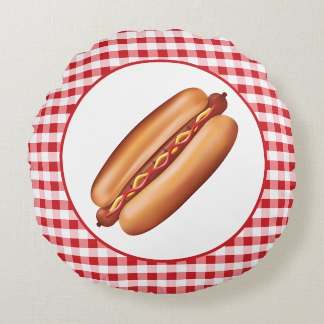 Hot Dog Fast Food Illustration On Red Gingham Round Cushion (Front)