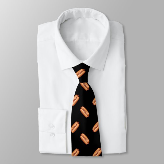 Hot Dog Fast Food Pattern On Black Tie (Tied)