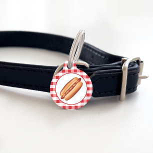 Hot Dog Fast Food Snack On Red Gingham Pet Tag