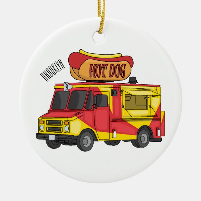 Hot dog food truck cartoon illustration ceramic ornament (Front)
