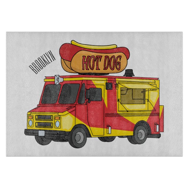 Hot dog food truck cartoon illustration cutting board (Front)