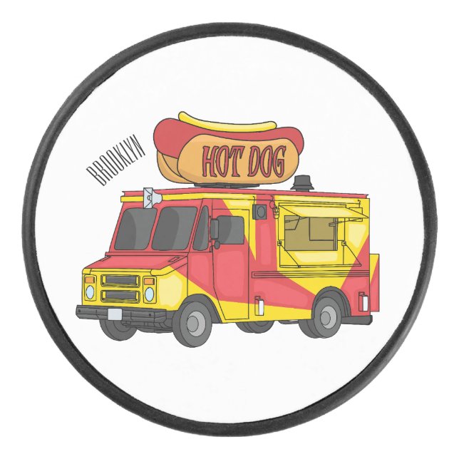 Hot dog food truck cartoon illustration hockey puck (Front)
