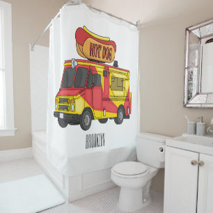 Hot dog food truck cartoon illustration shower curtain