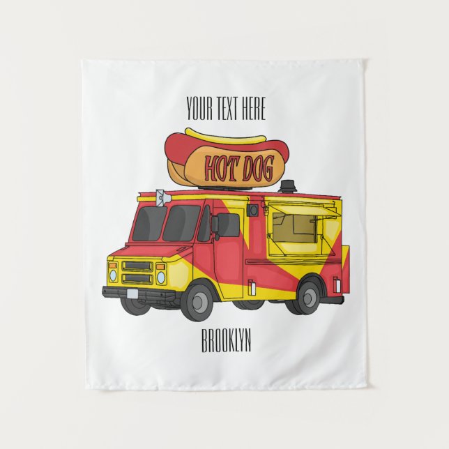 Hot dog food truck cartoon illustration tapestry (Front)