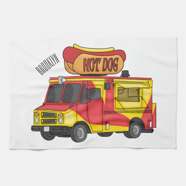 Hot dog food truck cartoon illustration  tea towel (Horizontal)